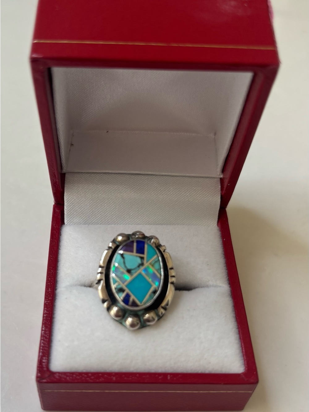 Begay Navajo Sterling Silver Turquoise Mosaic Oval Ring - Blue/GREEN size 7 - Picture 6 of 6